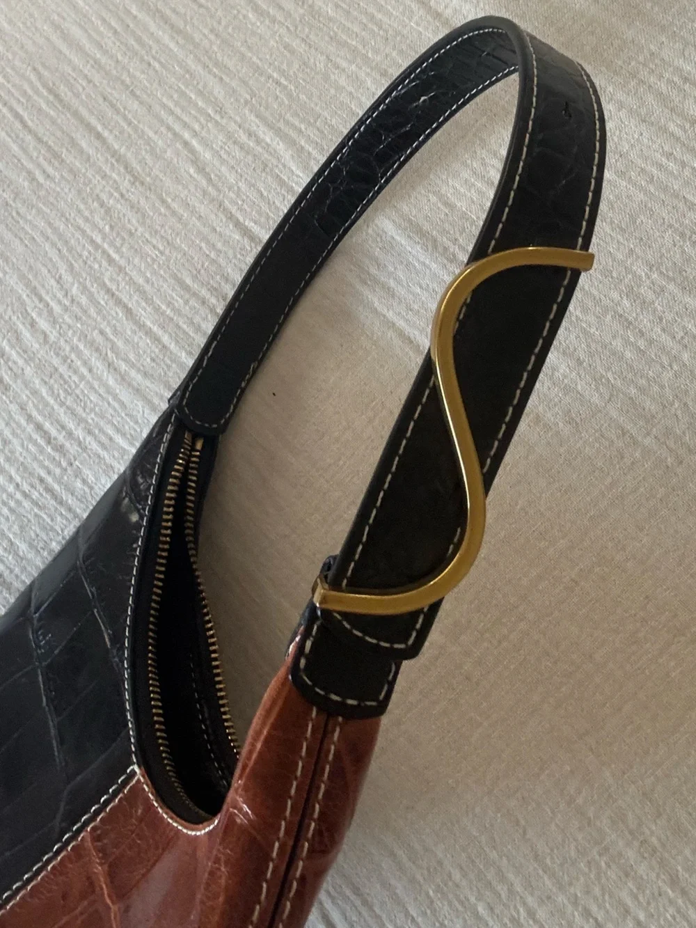 STAUD Black and Brown Croc embossed Scotty Bag